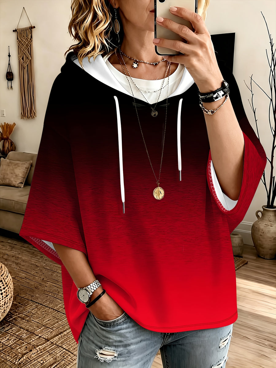 Women's Black and Red Gradient Smudge Print Three-Quarter Sleeve Hooded Sweatshirt, Loose Fit Drawstring Pullover Top, Casual and Versatile - Mixed colors
