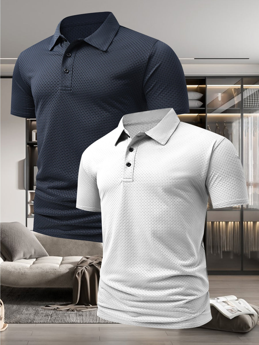 Men'S Stylish Casual Short-Sleeve Polo Shirt, Available in a 2-pc at a Discount! Comfortable T-Shirt Made from New Jacquard Quick-Dry Fabric, Perfect for Outdoor Equestrian And Golf Activities. Fashionable Casual Wear - Cyan + White