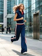 Women's Sleeveless Hooded Sweatshirt Set with Ribbed Trim, Side Stripe Wide-Leg Joggers, Vintage Casual 2pcs Set - Navy Color