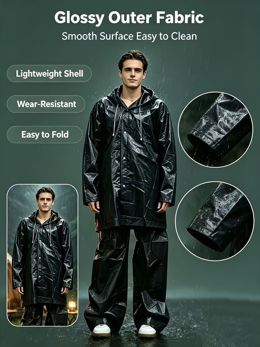 2pcs Unisex Rainwear Set, Including Hooded Jacket And Rain Pants, Lightweight And Durable, Easy to Fold Outdoor Gear, Suitable for Commuting, Cycling, Camping, And Other Rainy Outdoor - Black