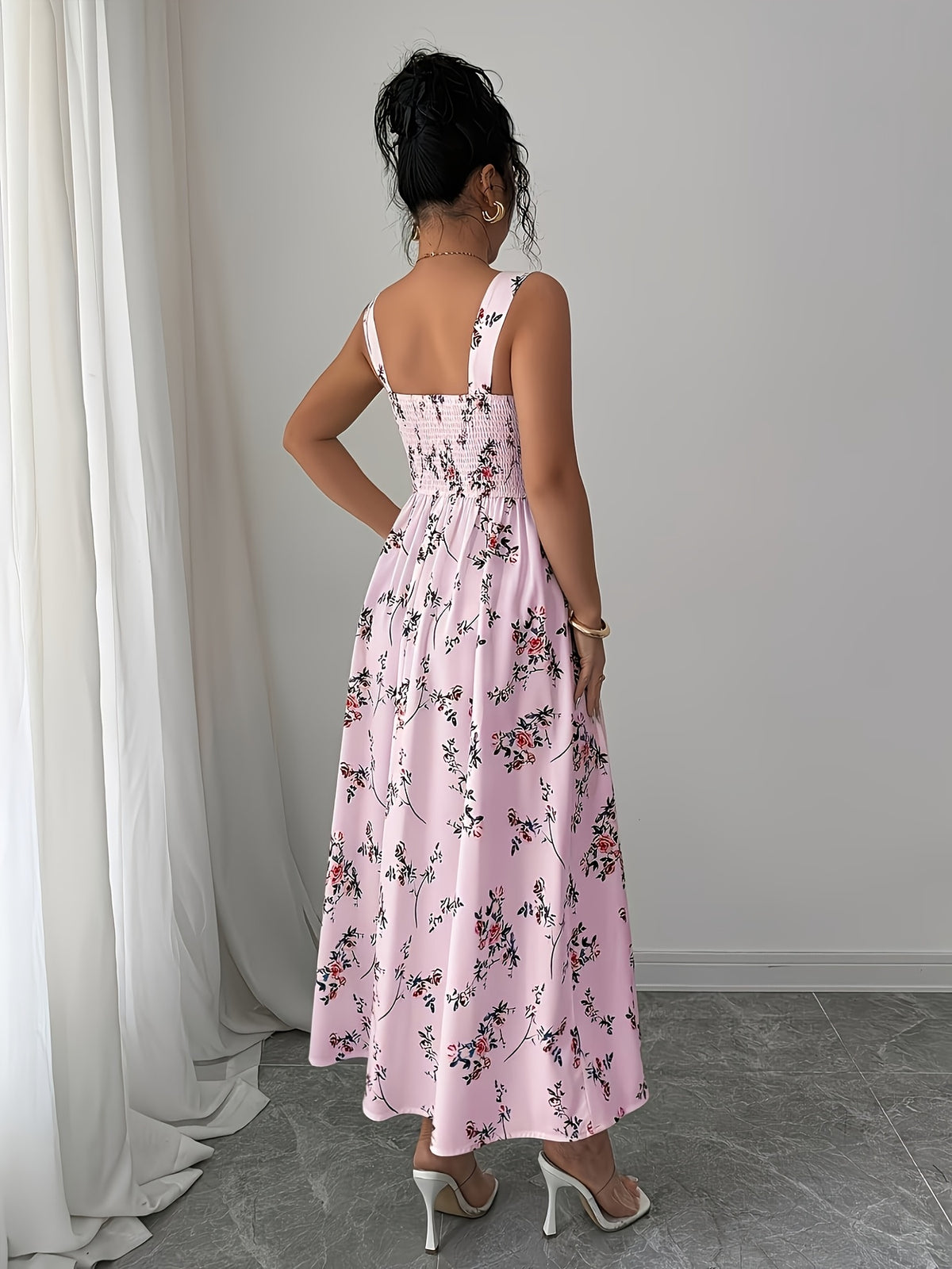 Women's Vintage Square Neck White Floral Print Camisole Dress, Featuring a Effect, Vintage Elegant Vacation Style, Suitable for Summer Dates and Casual Wear in Spring and Summer. Machine Washable - Pink