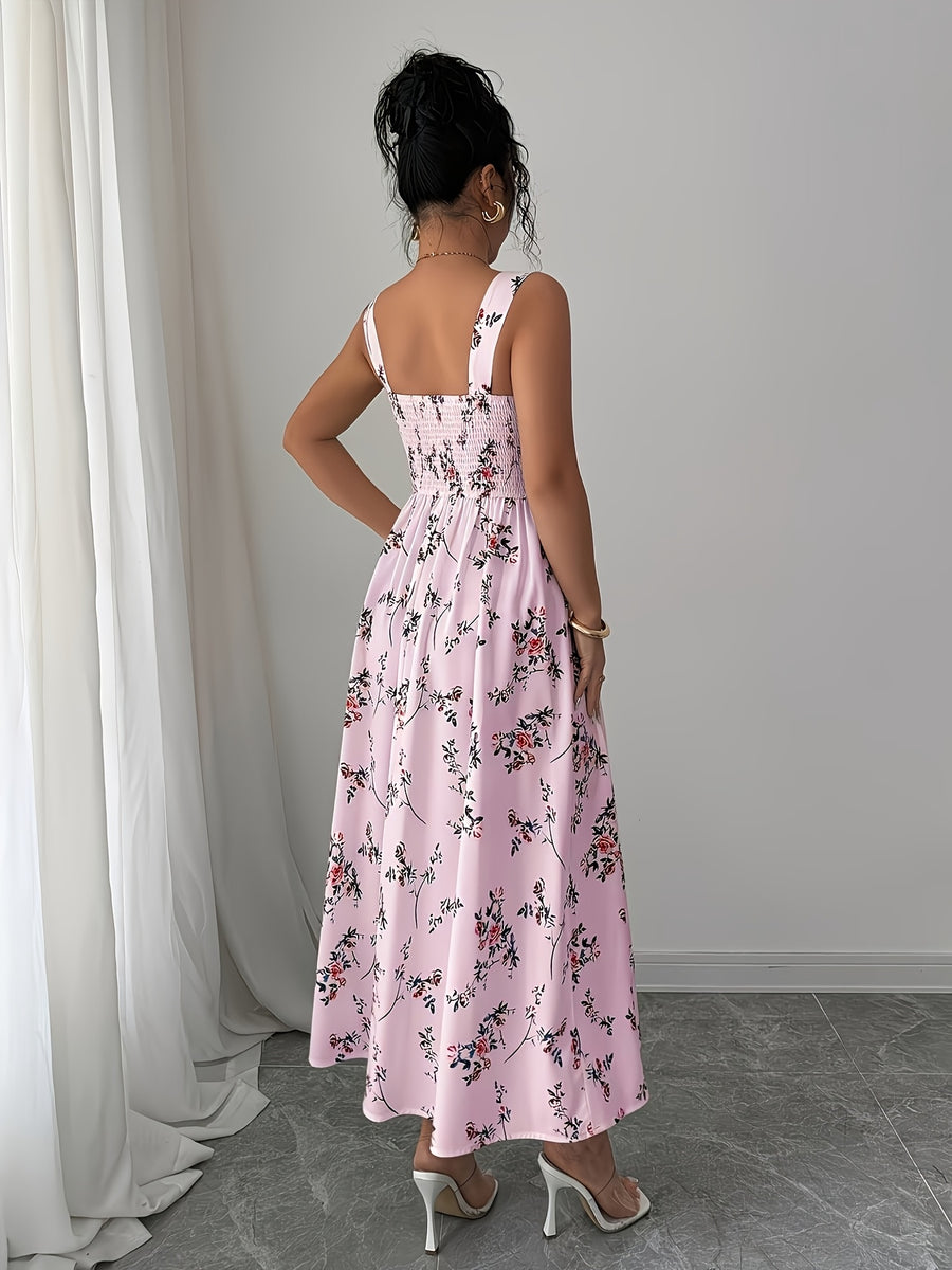 Women's Vintage Square Neck White Floral Print Camisole Dress, Featuring a Effect, Vintage Elegant Vacation Style, Suitable for Summer Dates and Casual Wear in Spring and Summer. Machine Washable - Pink