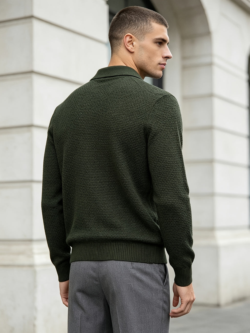 Men'S Business Light Luxury Style Lapel Honeycomb Texture Knit Polo Shirt, Soft Skin-Friendly Knit Fabric, 3D Honeycomb Texture Premium Texture, Slimming And Non-Tight, Long Sleeve Design Easy And Atmospheric Without Extra Logo - fern green