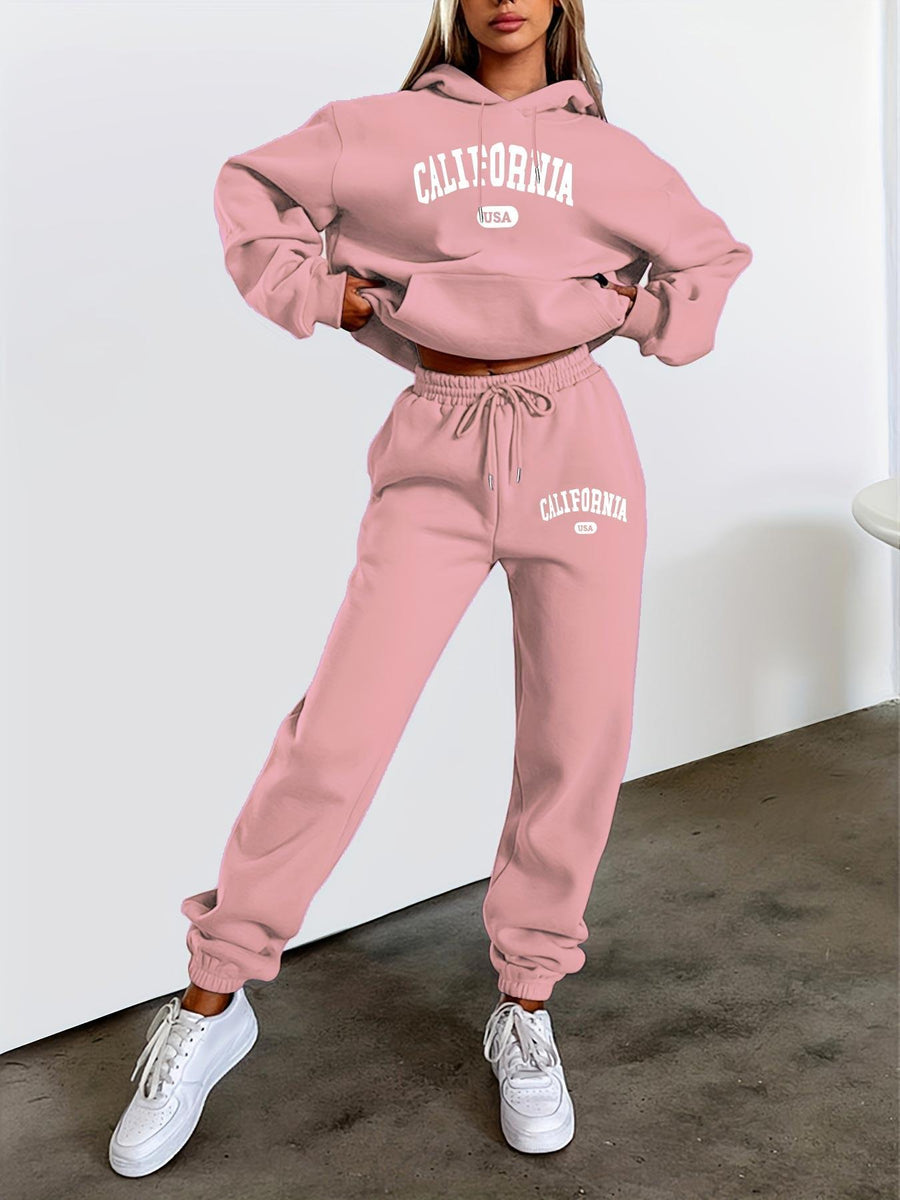 Printed Women's Casual Sports Suit, Warm Long Sleeve with Drawstring Kangaroo Pocket, Women's Clothing - Pink Color