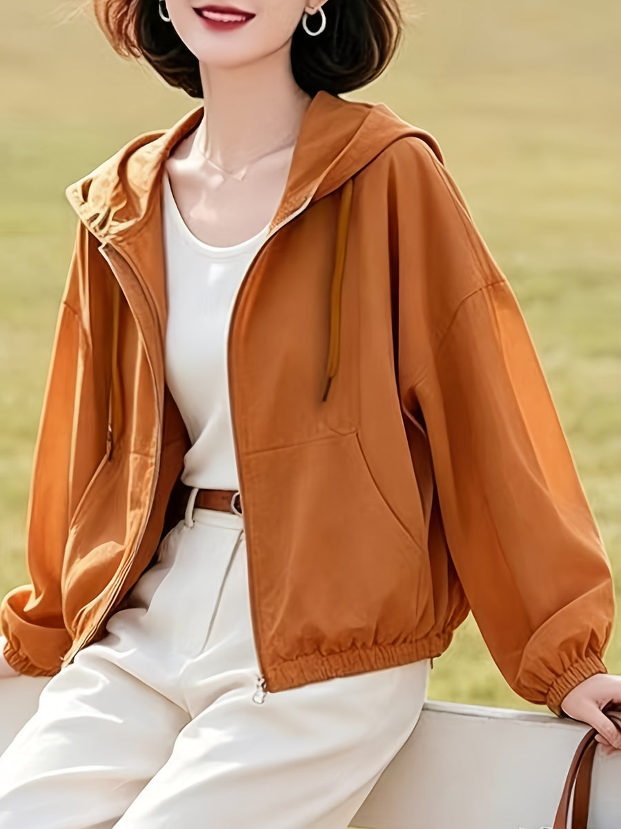 New Short Hooded Spring/Autumn Lightweight Loose-Fit Jacket Top for Petite Women - Tangerine
