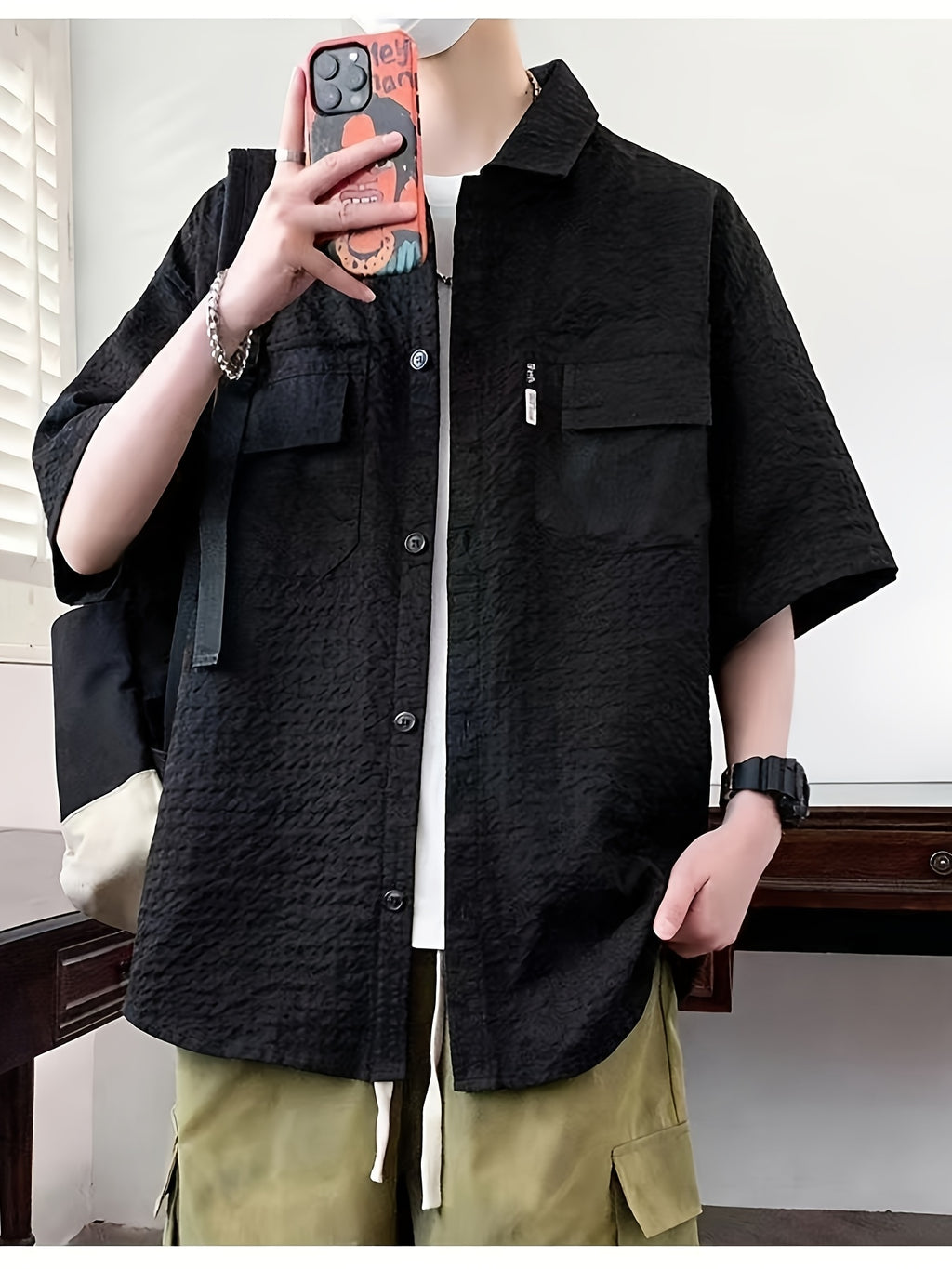 Men's Outdoor Workwear Short-sleeved Shirt Plaid Shirt Summer Loose Beach Shirt Lapel Shirt Top Multi-Pocket Large Size Shirt Affordable Men Oversized Plaid Shirts Size Men Casual Button Shirt Hot 2026 Streetwear - Black