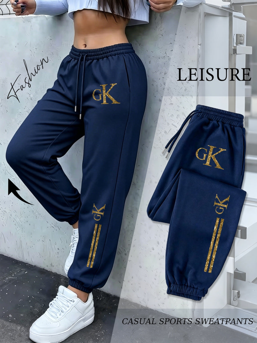 Women'S Drawstring Ankle-Cinching Sweatpants GK Letter Hot-Stamped Textured Striped Printed Casual Jogging Trousers - Navy Color