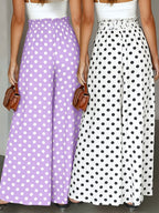 Fashionable Elegant Polka Dot Print Wide-Leg Pants, Commute Vacation Versatile Casual Trousers 2pcs Set - White+Purple