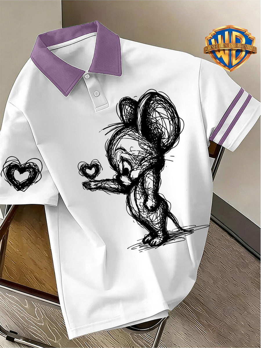 Back-to-School Warner Bros. Official "Bixin" Cartoon Cute Print Men's Summer Loose Lapel Japanese-Style Polo Short-Sleeve T-Shirt, Comfortable, Breathable, and Slightly Stretchy - Apricot and purple color block