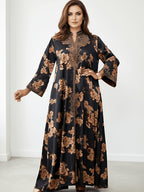 New Fashionable Loose-fit Embroidered Printed Robe with Heavy Embroidery and Rhinestone Embellishments on the Front Placket. A Long Evening Gown for Banquets and Festivals, the Pearlescent Fabric Enhances the Dress's Texture, Making It Ideal - Black
