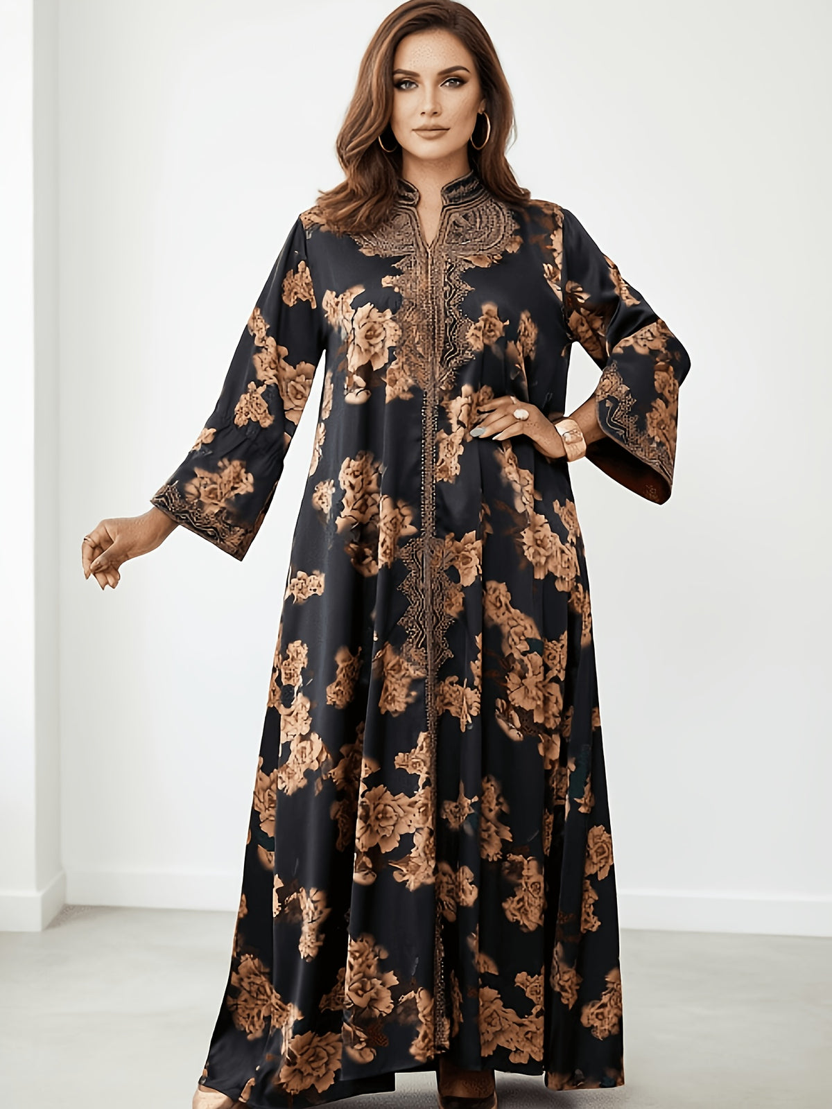 New Fashionable Loose-fit Embroidered Printed Robe with Heavy Embroidery and Rhinestone Embellishments on the Front Placket. A Long Evening Gown for Banquets and Festivals, the Pearlescent Fabric Enhances the Dress's Texture, Making It Ideal - Black