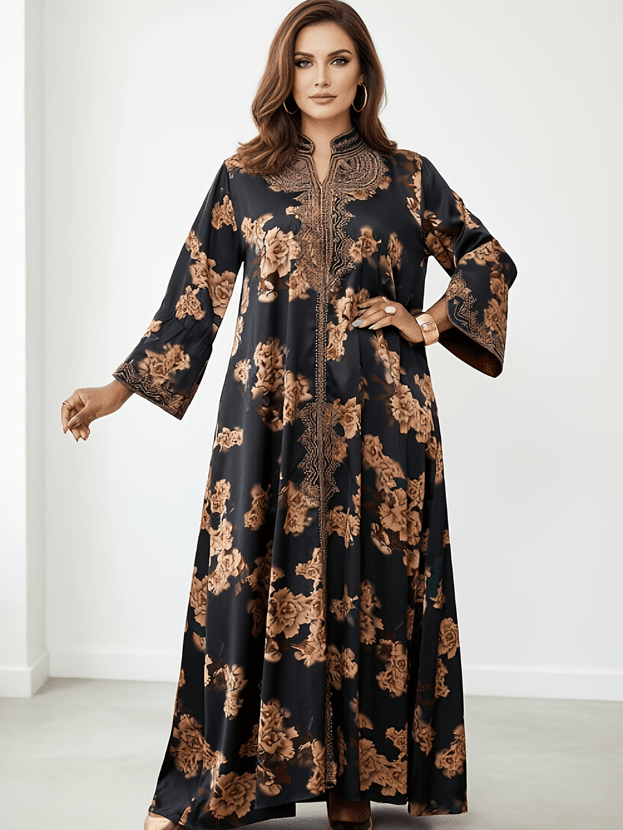 New Fashionable Loose-fit Embroidered Printed Robe with Heavy Embroidery and Rhinestone Embellishments on the Front Placket. A Long Evening Gown for Banquets and Festivals, the Pearlescent Fabric Enhances the Dress's Texture, Making It Ideal - Black