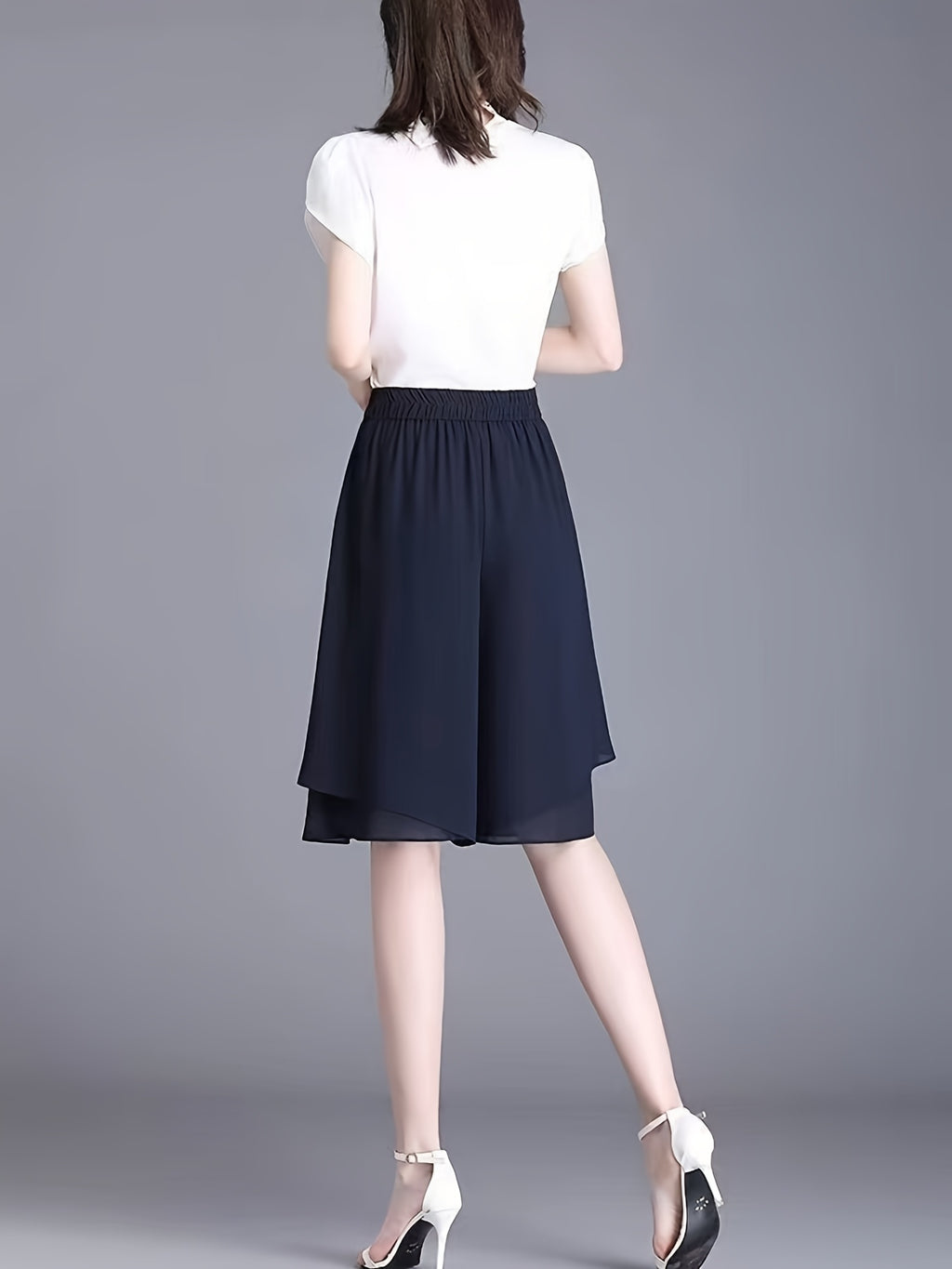 High-Waisted Chiffon 7/8 Wide-Leg Culottes, Loose And Irregular Casual Pants Skirt for Summer - Black