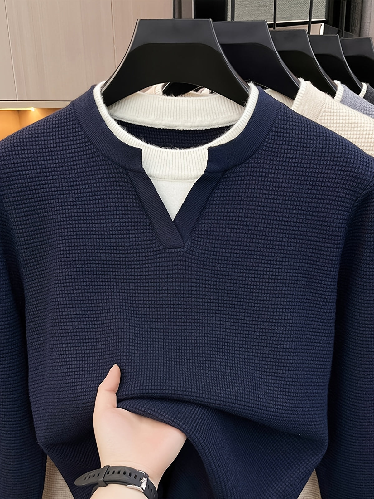 Men's Small V-Neck 2-in-1 Look Waffle Knit Textured Fabric Color-Blocked Double-Layer Neckline Soft, Warm, and Cozy Pullover Top for Spring and Autumn Casual Layering - Shangqing