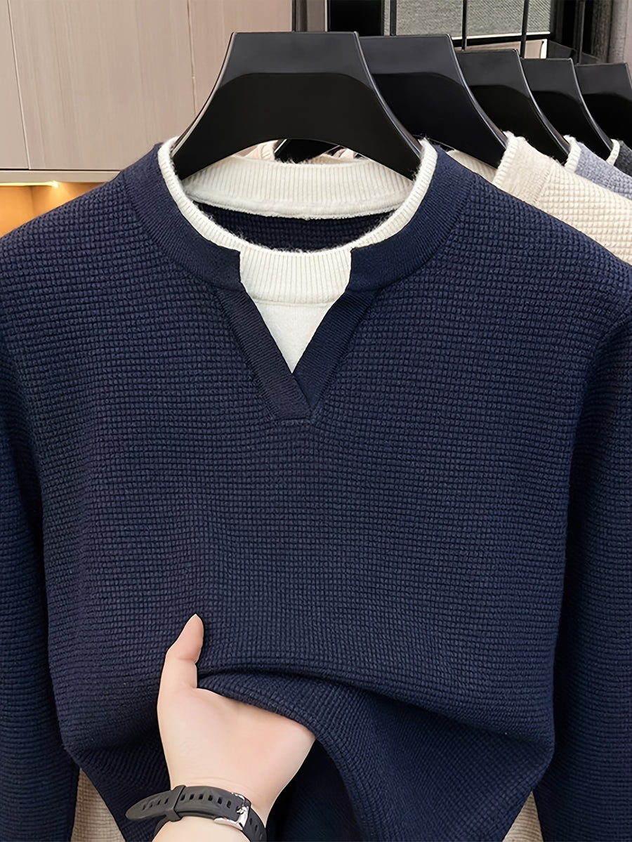 Men's Small V-Neck 2-in-1 Look Waffle Knit Textured Fabric Color-Blocked Double-Layer Neckline Soft, Warm, and Cozy Pullover Top for Spring and Autumn Casual Layering - Shangqing