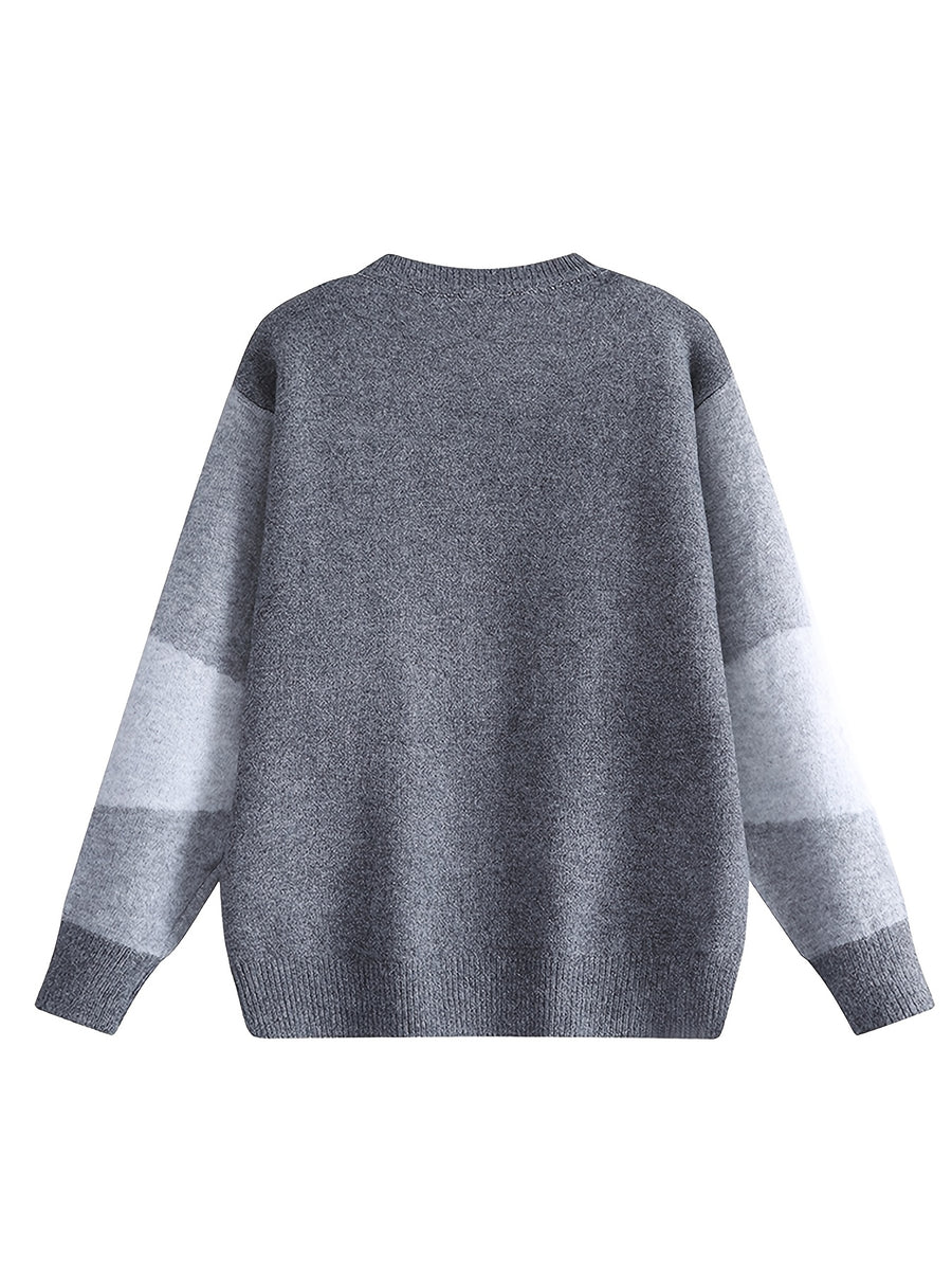 Men's Color-Block Wave Patchwork Sweater - Loose Fit Button-Front Placket Crew Neck Pullover, Warm Winter Sweater Suitable for Fall/Winter, Casual Office & Casual Attire, Non- Patchwork - Grey