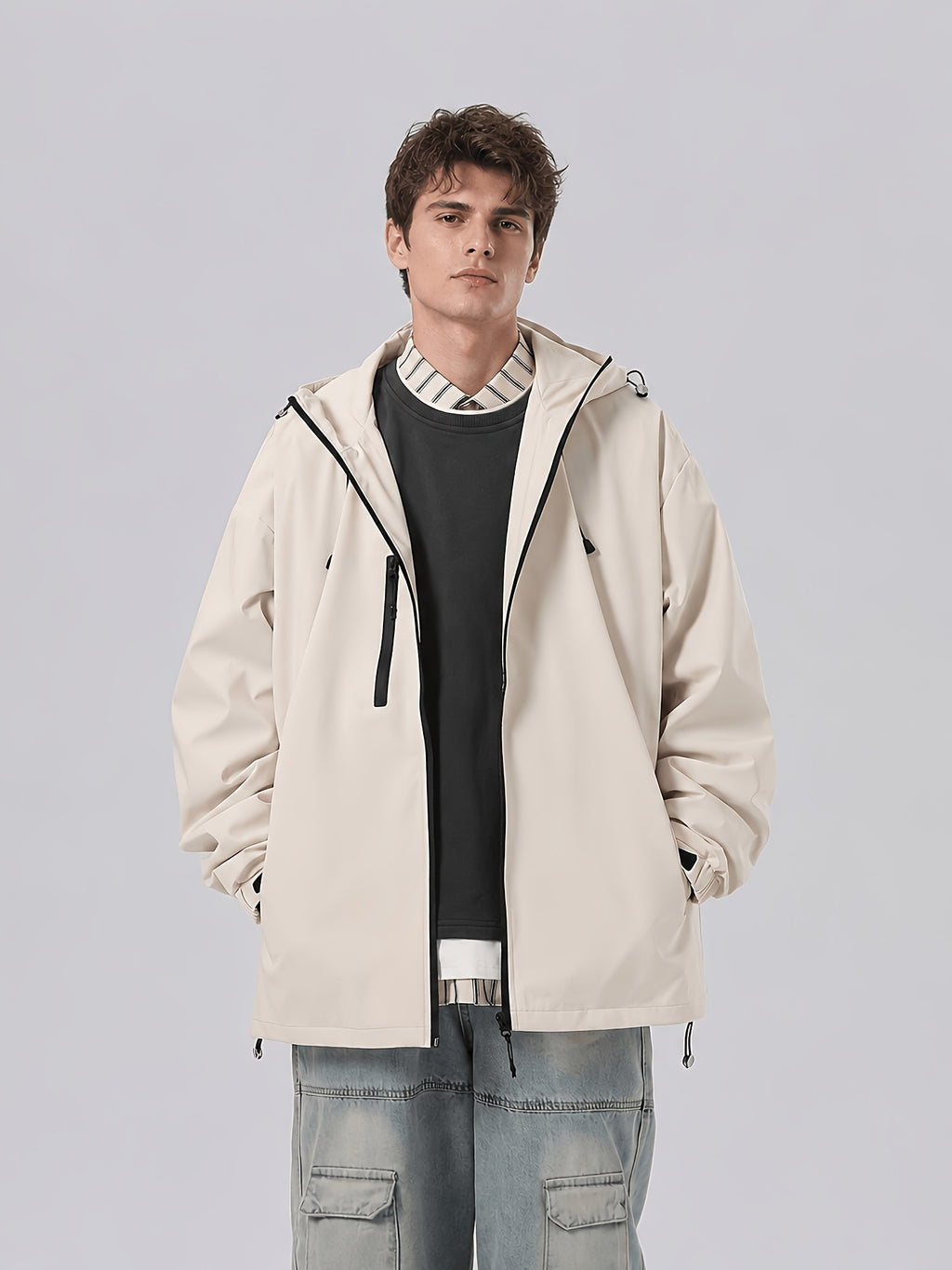 Men'S New Jacket Coat Spring Autumn Casual Jacket Sports Outdoor Zipper Pocket, Hooded Design Casual Outdoor Coat - Apricot