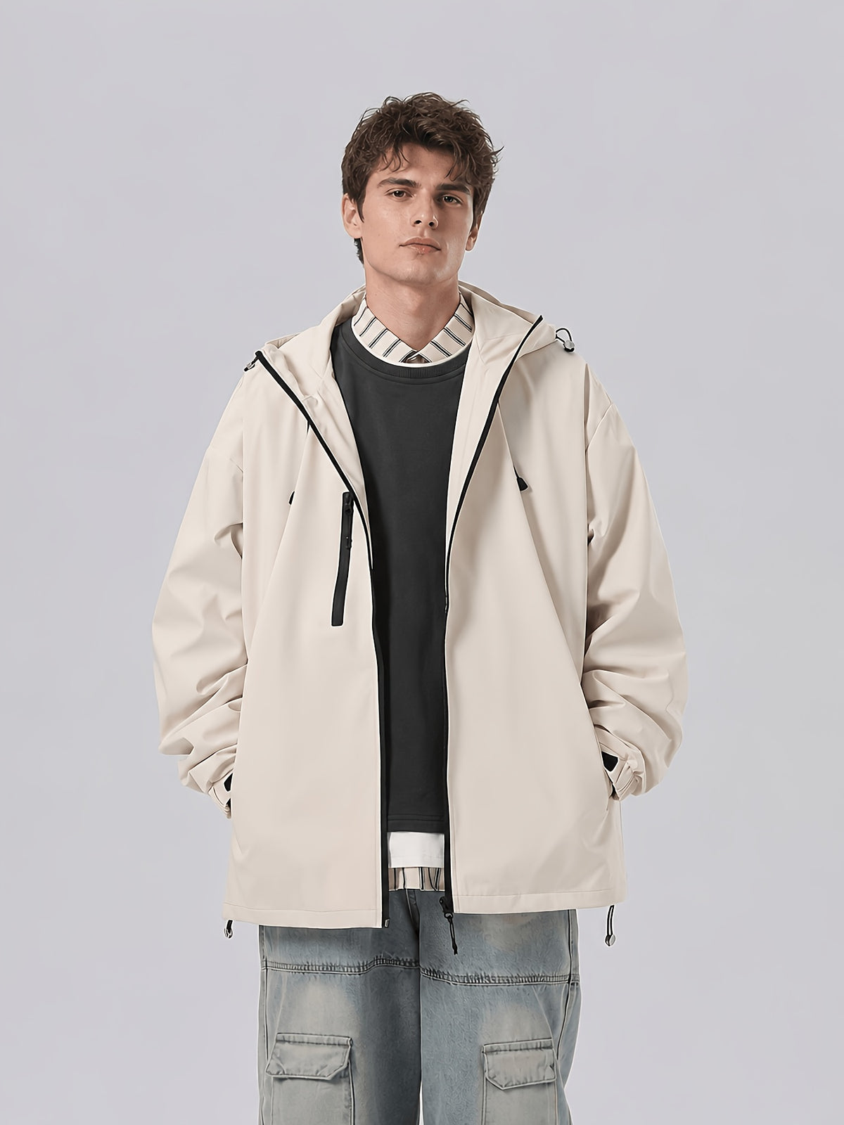 Men'S New Jacket Coat Spring Autumn Casual Jacket Sports Outdoor Zipper Pocket, Hooded Design Casual Outdoor Coat - Apricot