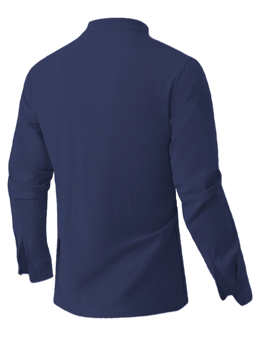 [Mai Qiqi OBM] Men'S Beach Vacation Shirt Stand-Up Collar Linen Lace Texture Long-Sleeved Top Light And Breathable Summer Vacation Outfit - Navy Color