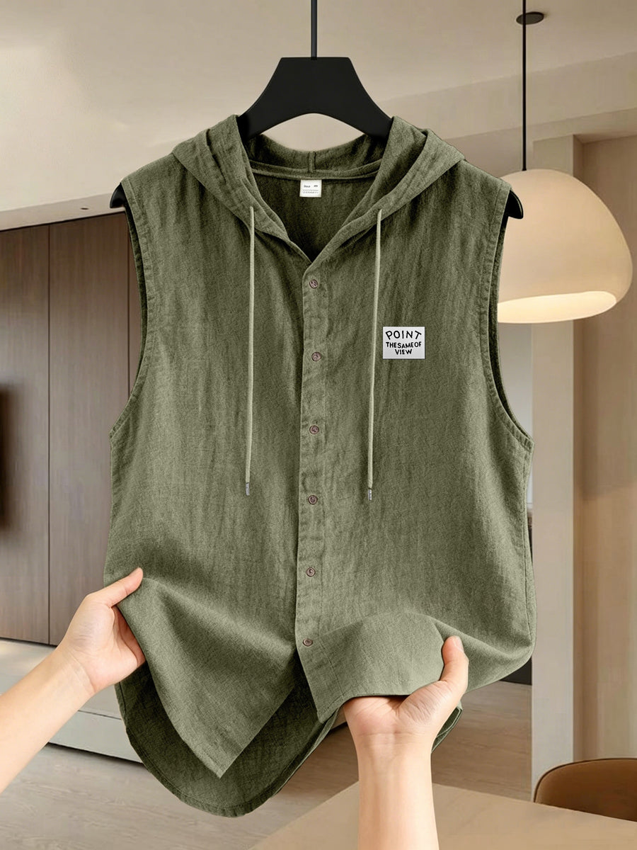 Pearson OBM Men's Sleeveless Hooded Shirt, Upgraded Textured Comfortable and Breathable Fabric Hooded Vest, Men's Linen Fashion Hoodie, Summer Top Casual and Lightweight with Button and Drawstring, Suitable for Outdoor Activities, Beach, and Coast - Olive Green