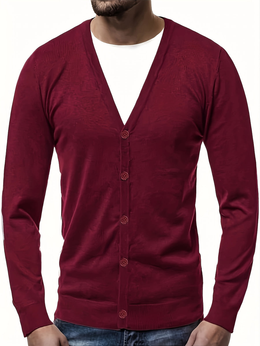 Men's Classic V-Neck Sweater - Elegant Button-Front Cardigan, Soft Knit Sweater for Fall/Winter, Office & Formal Events - Easy-Care Everyday Chic Sweater Coat, Sweater Cardigan, Winter Wardrobe Essential, Modern Vneck Design, Solid Color Design - Burgundy