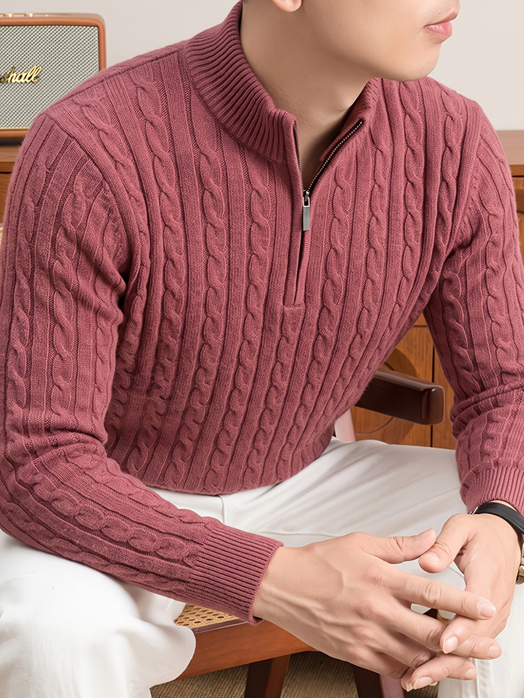 Men'S Half-Zip Jacquard Knit Sweater, Retro Luxury, Breaking The Monotony of Middle-Aged Sweaters, Suitable for Business Casual - SINBOS - Brick Red