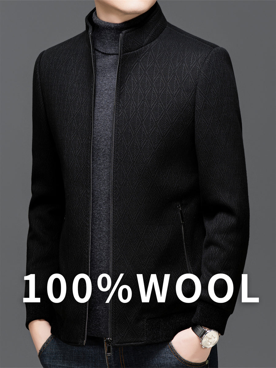 Pearson OBM Autumn/Winter New Men's Sheep Tweed Overcoat, Thickened Windbreaker, Short Youth Fashion Tweed Jacket ZL - Black