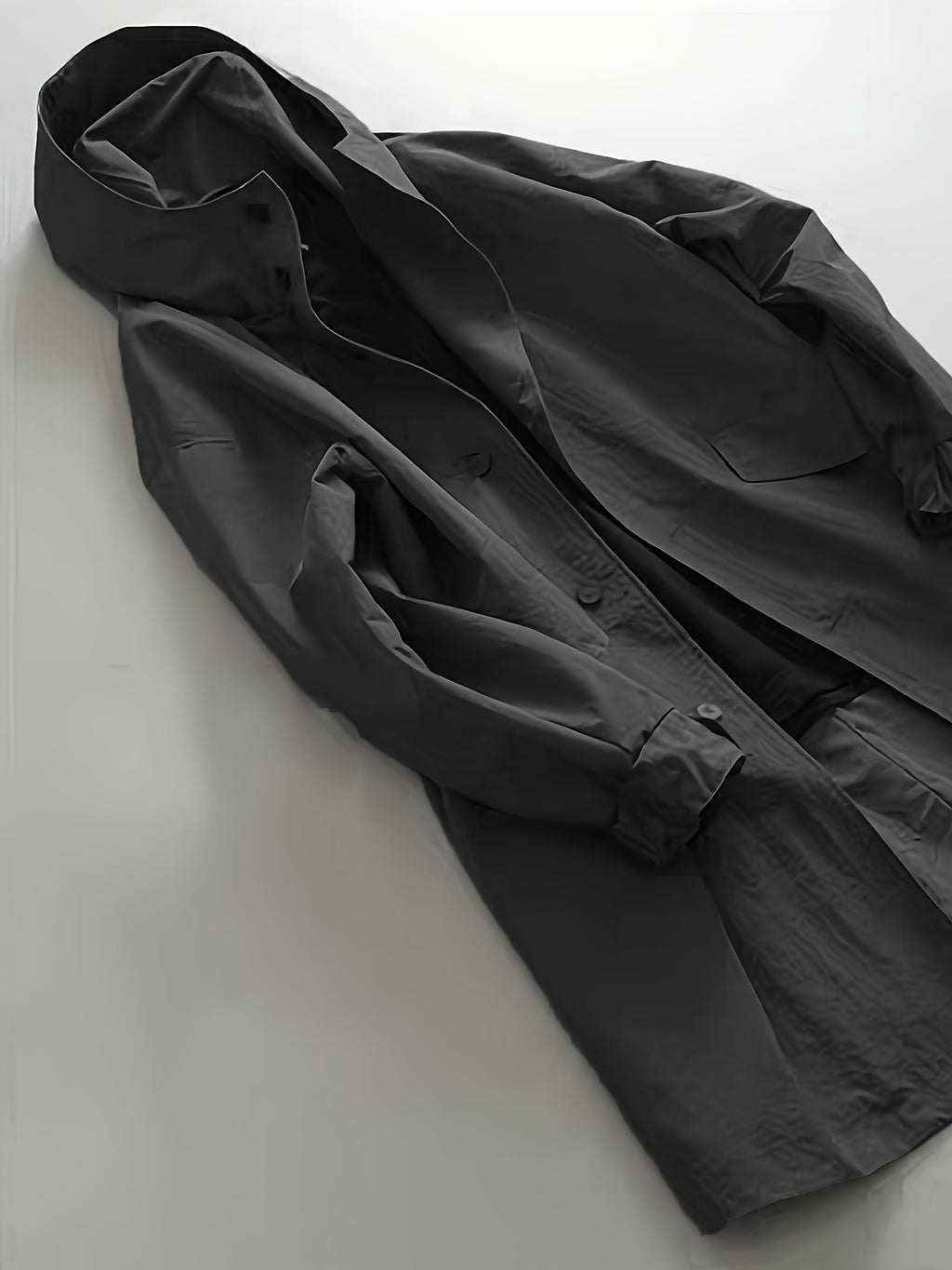 Men's Mid-Length Trench Coat for Spring/Autumn, Japanese-Style Minimalist Light Luxury Fashion, High-End Gray Long Hooded Trench Coat - Black