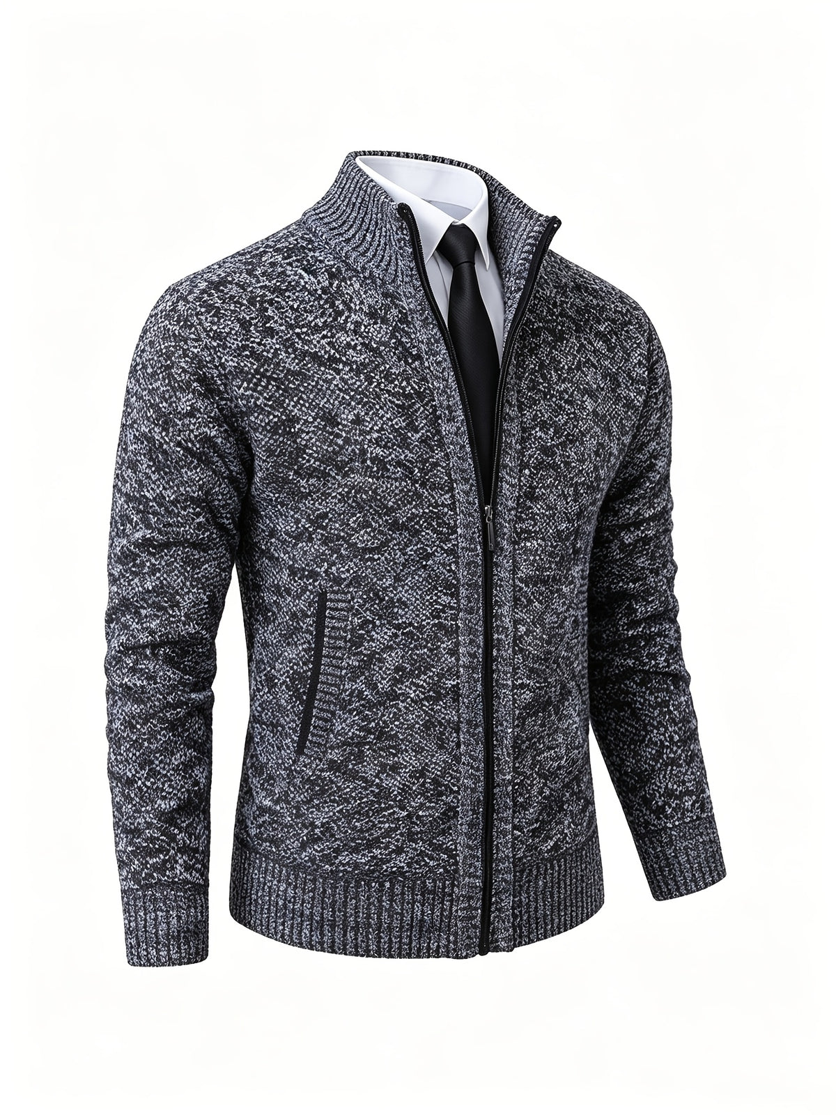 Men's Stand Collar Zip Up Knitted Cardigan Jacket, Casual Business Long Sleeve Sweater Coat with Pockets, Fall Winter Thick Warm Knit Outerwear for Men - Dark Gray