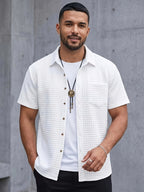 Men's Fashion Classic  Solid Color Small Checkered Lapel Button- Design, Suitable for Daily Casual Fashion, Simple Outings, Commuting, Street Trends, New Summer Short-Sleeve Shirt - White
