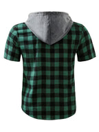 Men's Casual Plaid Hooded Short-Sleeve Hoodie, Summer Button Design, Suitable for Daily Outings, Casual Dates, and Trendy Summer Tops - Green And Black Plaid