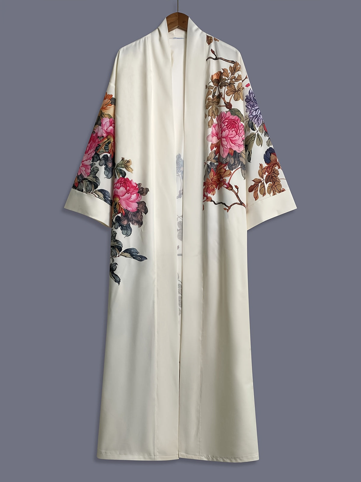 Japanese-style Rose Print Mid-length Three-quarter Sleeve Kimono Cardigan, Lightweight Outerwear for Women, Elegant European and American Ethnic-inspired Streetwear Casual Cover-up, Beach Vacation Travel Uchikake-style Thin Cape Coat, Home Yukata - Apricot
