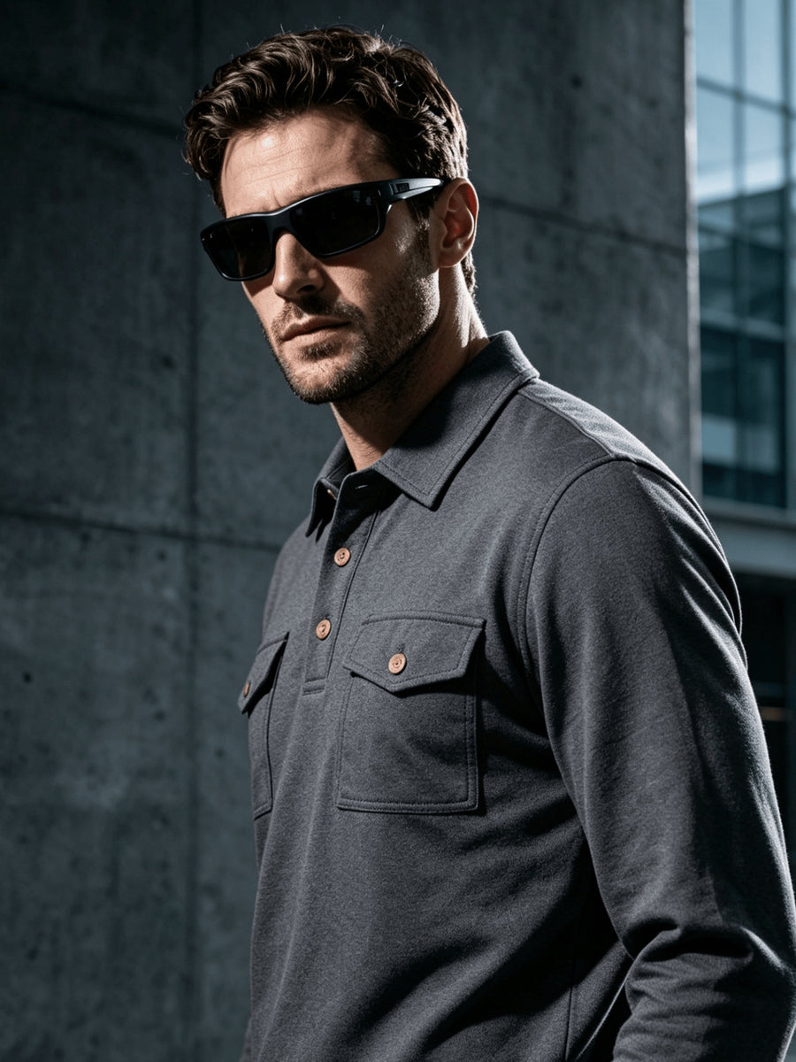 2026 New Men'S Long Sleeve Cargo Polo Sweatshirt, Double Pocket Lapel Design, Autumn Casual Commuter Pullover Top, Christmas Thanksgiving Gift for Boyfriend Husband - Dark Gray