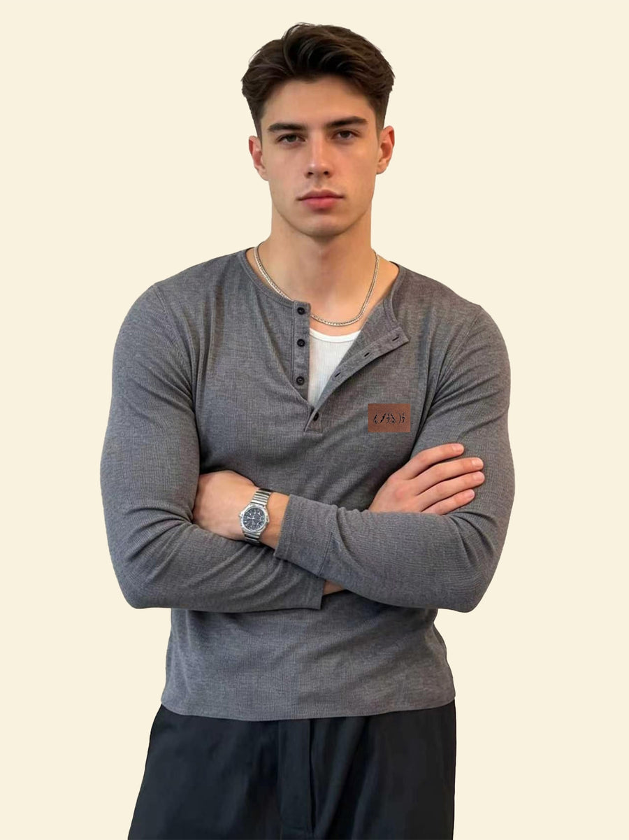 Henley Collar Long Sleeve T-Shirt Men'S Slim Fit Label Small Design Top Spring Autumn Easy Casual Base Layer (White Inner Not Included) - Dark Gray 6