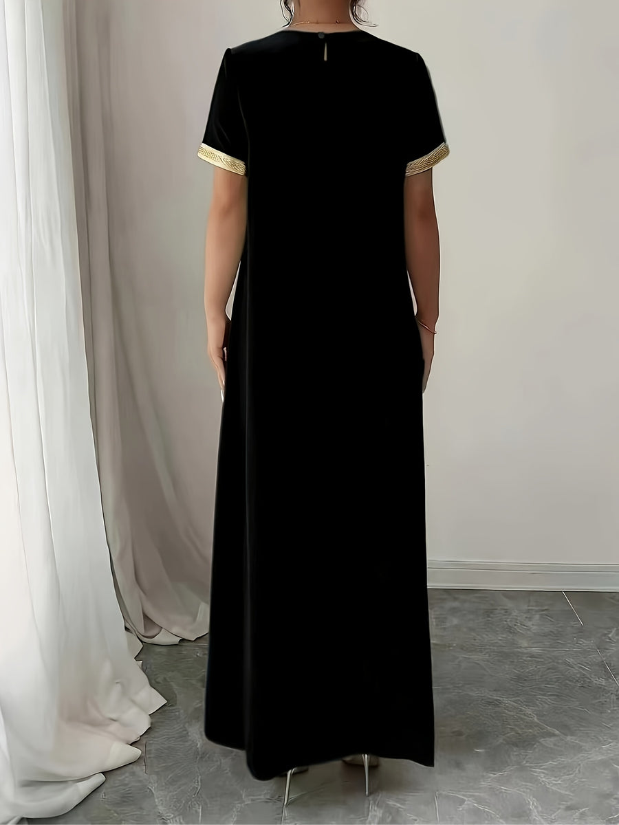 Middle East Round Neck Temperament Loose Belly-Covering Vacation Retro Niche Design Dress Short-Sleeved Long Skirt - Black