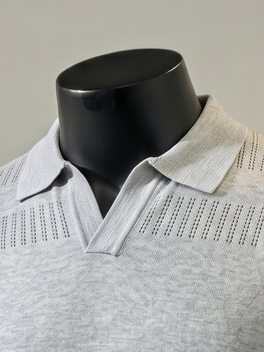 Men'S Short-Sleeve Knit Polo Shirt, American Collar, Breathable Mesh Design with Ordered Grid, Non-Sheer And Classic Look, Light Business Casual Premium Fabric, Golf Polo Top, Buttonless Collar Knit Short Sleeve - Light Grey
