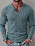 Men'S Fashion Top, Autumn Winter Outdoor Casual Base Layer Shirt, Textured Ribbed Fabric, Solid Color V-Neck Button-Up Long Sleeve Patchwork Men'S Henley Shirt - Royal Blue