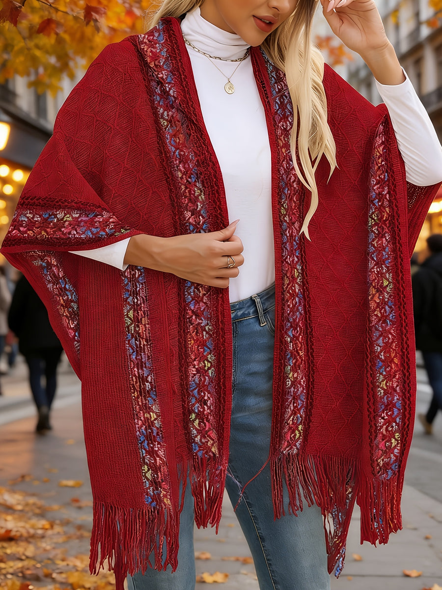 Elegant Special Edition 'Net Body Bust' Vacation Style 1pc Women's Diamond Jacquard Hooded Cape Cardigan, Vintage Ethnic Style Solid Color Tassel Fashionable Elegant European and American Style Warm Sweater Coat, Suitable for Spring, Autumn - Red