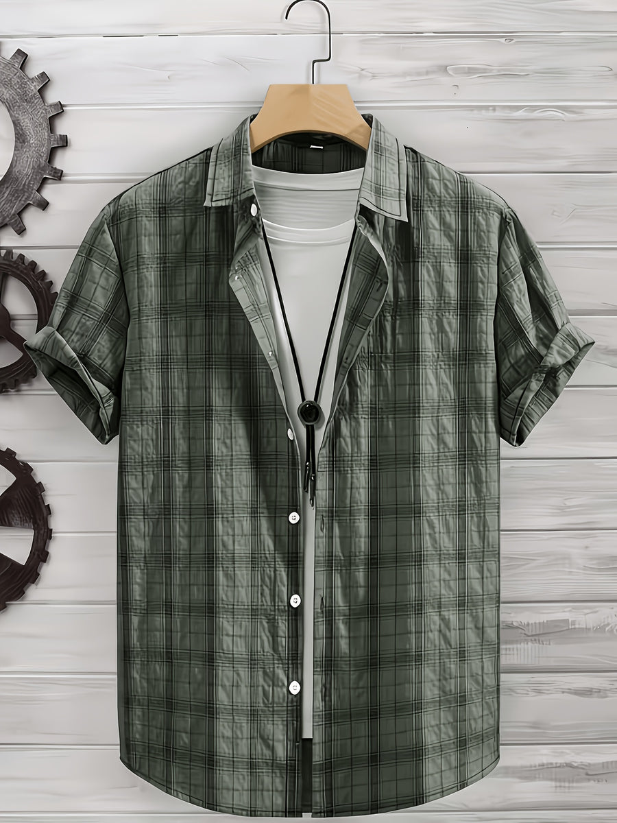 Men's Summer Casual Texture Checkered Short Sleeve Loose Fit Outdoor Trendy Fashion Front Closure Flap Collar Shirt - Olive Green