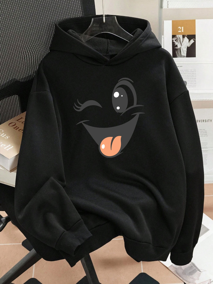 Plus Size 1pc Fashion Women's Autumn/Winter Warm Hooded Sweatshirt with an Elegant and Beautiful Y2K Style Casual Sweatshirt Featuring a Cartoon Smiling Face Print, Winking and Sticking Out Tongue, Playful and Cute. Pattern Print Plus Size -Lined - Black