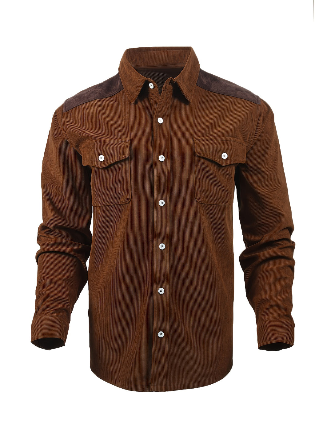 Men'S Retro Corduroy Shirt - Casual Long Sleeve Pocket Shirt, Brown Retro Style Jacket, Suitable for All Seasons, Lapel Design, Loose Fit Suitable for Layering Or Wearing Alone - Light Brown-1