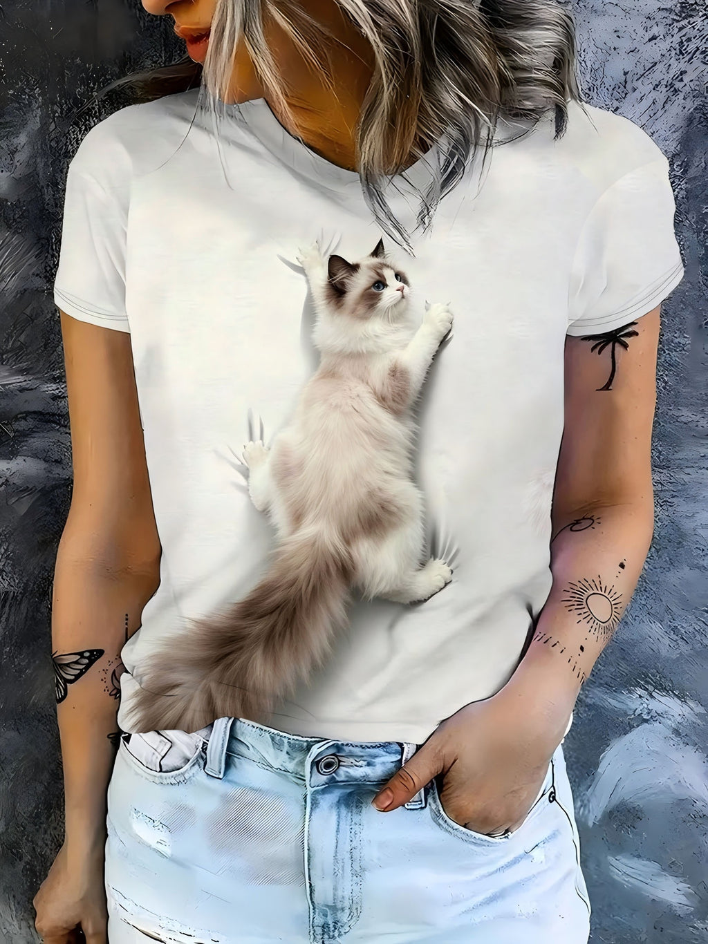 Women'S Summer New Arrival Cute Ragdoll Cat Print Crew Neck Short Sleeve T-Shirt, Casual Loose Fit, Comfortable And Durable, Machine Washable, Versatile for Daily, Sports, And Vacation Wear - Multicolor