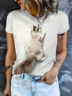 Women'S Summer New Arrival Cute Ragdoll Cat Print Crew Neck Short Sleeve T-Shirt, Casual Loose Fit, Comfortable And Durable, Machine Washable, Versatile for Daily, Sports, And Vacation Wear - Multicolor