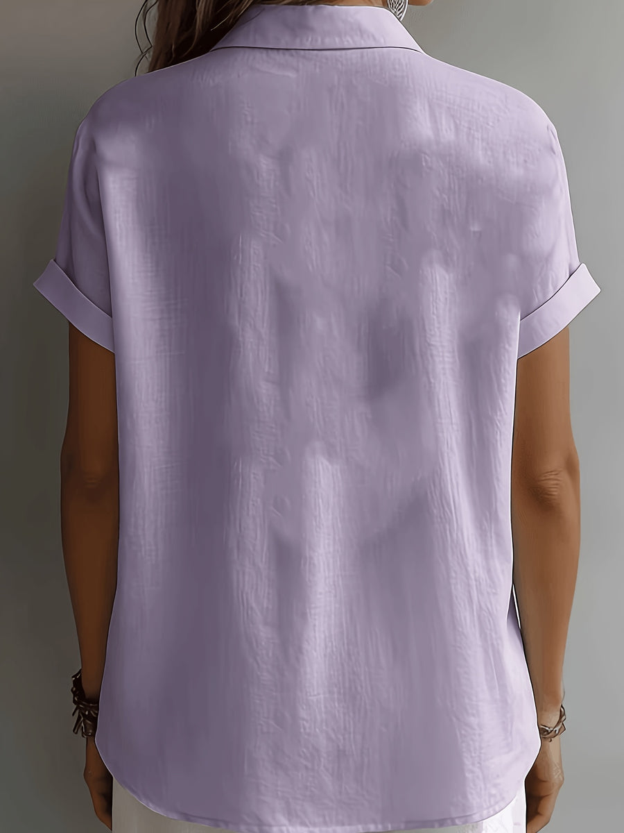 Women'S Elegant Vacation Style Short Sleeve Top, Loose Lazy Shirt, Commute Casual Literary Style, And Covering, Daily Temperament Style, Loose Drape, Breathable And Comfortable - Purple