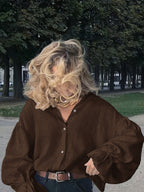 Women'S Lapel Shirt, Loose Puff Sleeve Blouse, Casual Long Sleeve Top, French Style Elegant Women'S Shirt - Olive Brown