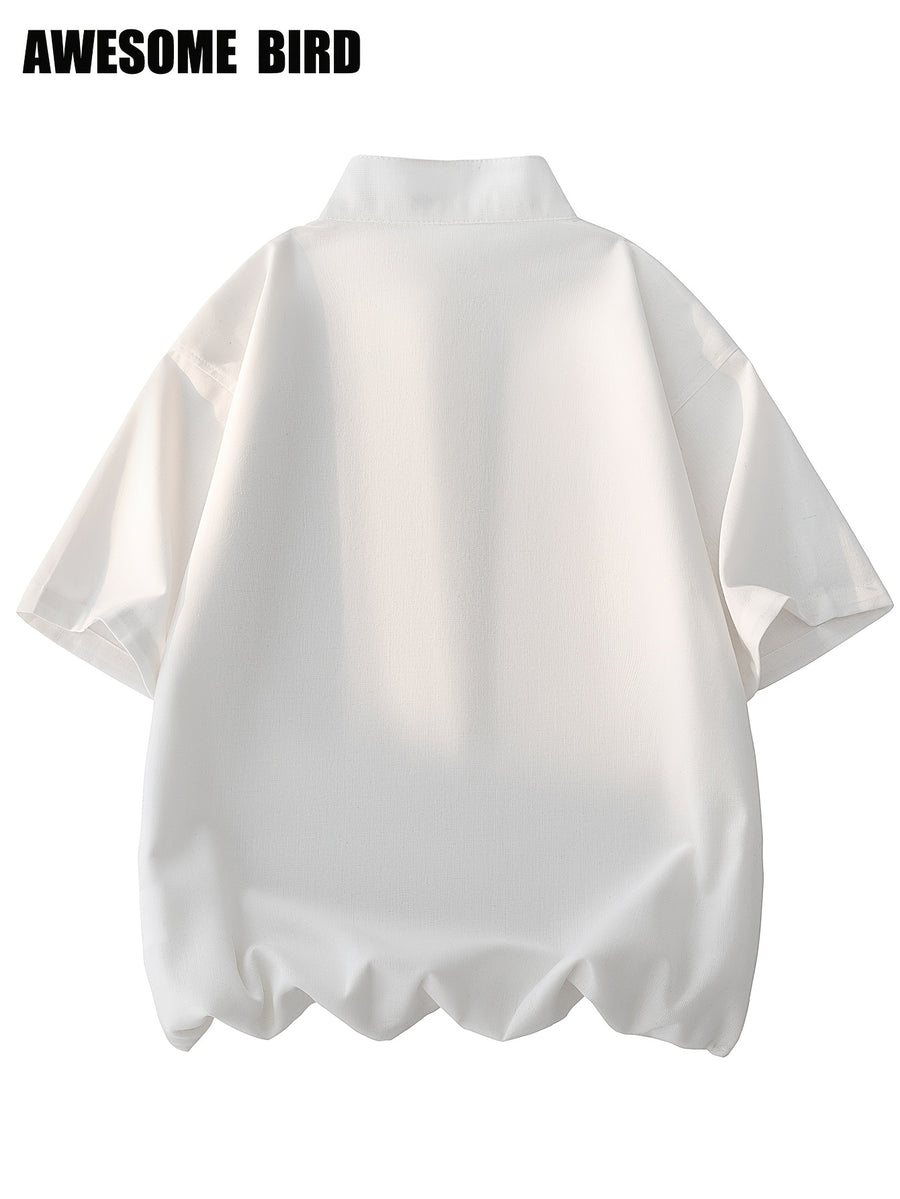 2026 Summer New Linen Short Sleeve Shirt Men'S Semi-High Neck Stand Collar Trendy Slight Loose Handsome Breathable Short Shirt - White