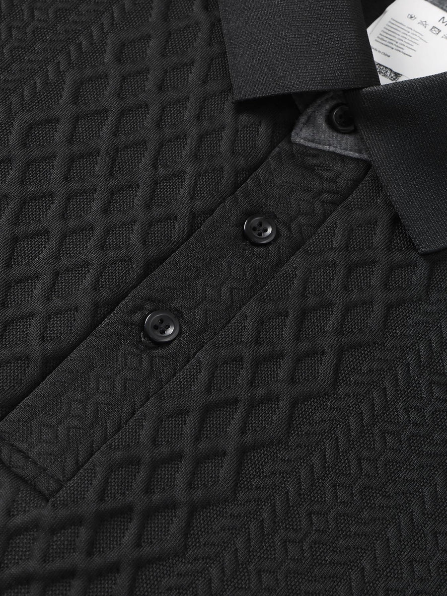 Middle-Aged Men'S Standard Polo Collar Short Sleeve Shirt, SIM Pattern Black Button-Front, Random Diamond Weave Jacquard, Outdoor Casual Soft Stretch Short Sleeve - Black