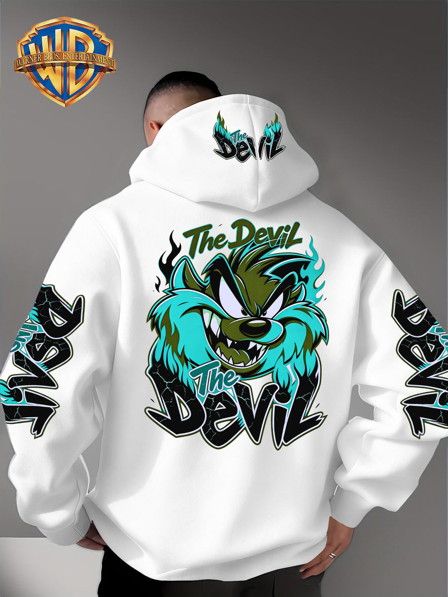 Le Yitong Big Mouth Monster The Devil Flame Print Hoodie, with Sleeve Print Design, Kangaroo Pouch And Drawstring Hood, Suitable for Autumn/Winter Casual Wear And Outdoor Activities - White