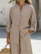 Spring/Summer Loose-Fit Shirt and Wide-Leg Pants 2pcs Set for Women, with Lace Cut-Out Back Design, a Lazy, Casual, and Commuter-Friendly Temperament Set 2A11794 - Linen