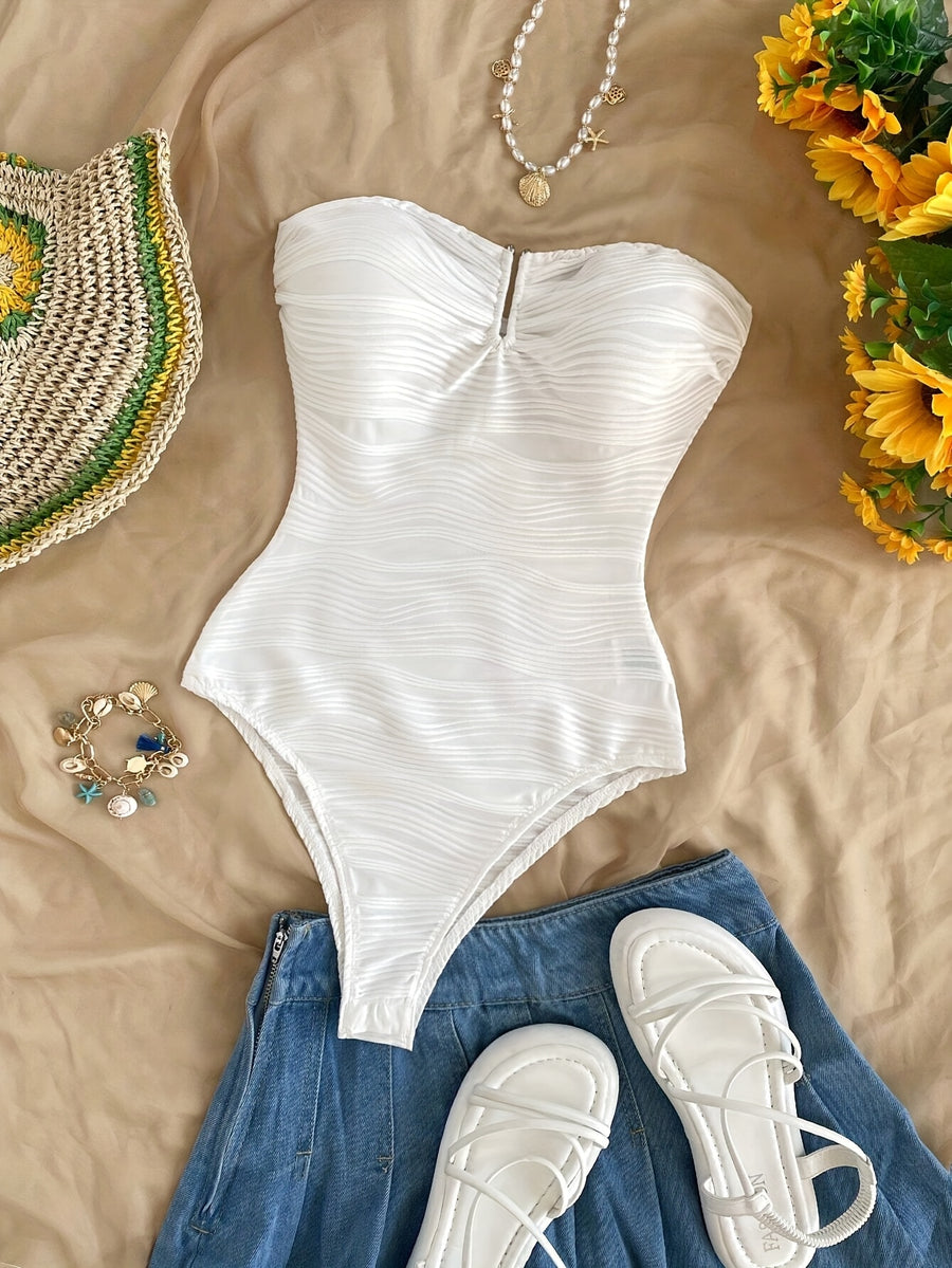Textured Fabric Metallic Embellishment Off-Shoulder Bodycon Top, Suitable for Beach And Vacation - White